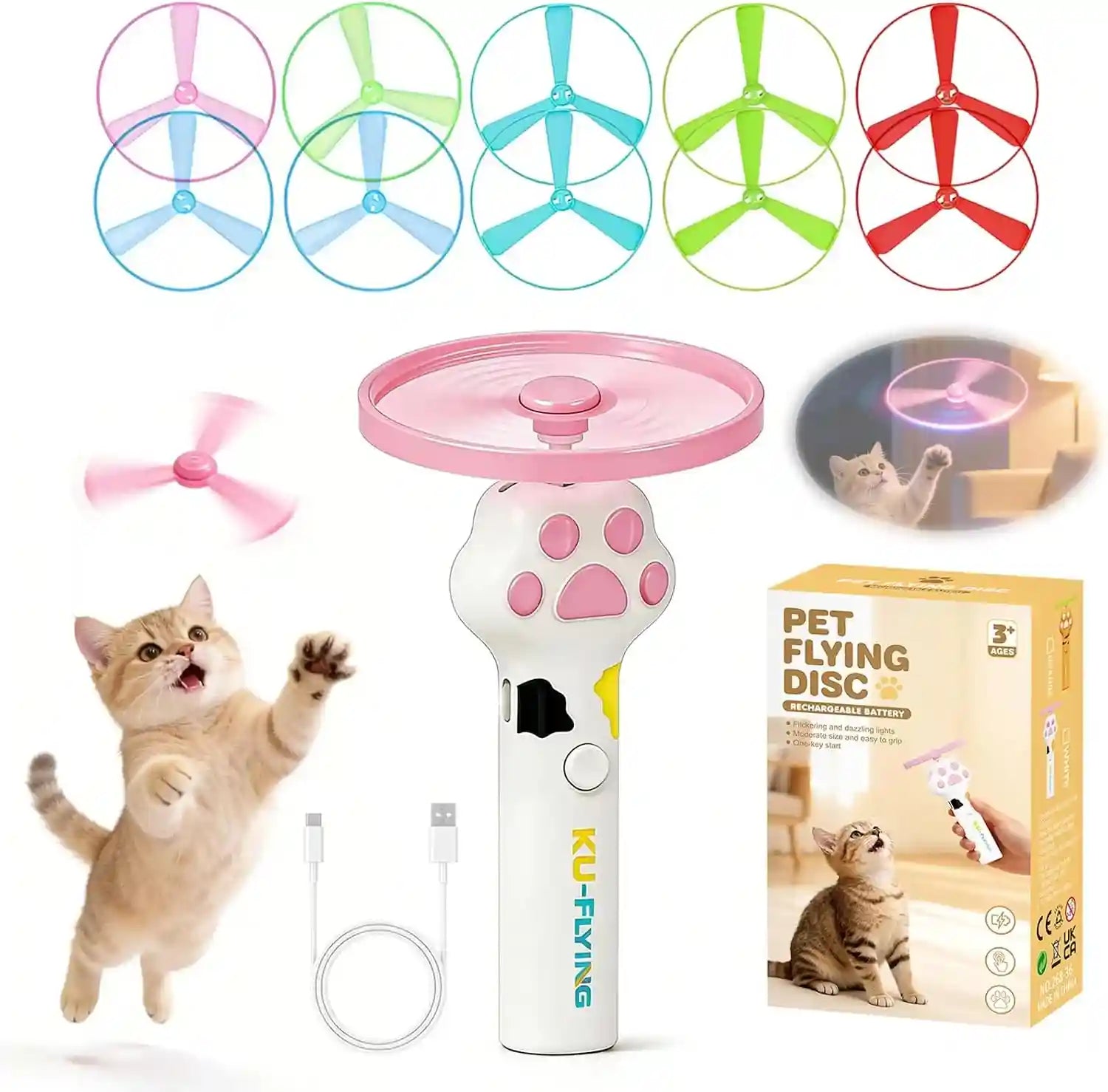 cat-fetch-toy-launcher-flying-disc-launcher-toy-rechargeable-with-10-flying-discs-flying-cat-toy-disc-launcher-for-kitten-dog-playing-interactive-hunting-tracking-toys-for-outdoor-indoor-white