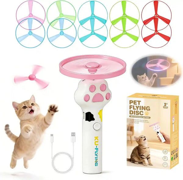 Cat Fetch Toy Launcher,Flying Disc Launcher Toy Rechargeable with 10 Flying Discs,Flying Cat Toy Disc Launcher for Kitten Dog Playing Interactive Hunting Tracking Toys for Outdoor Indoor,White1