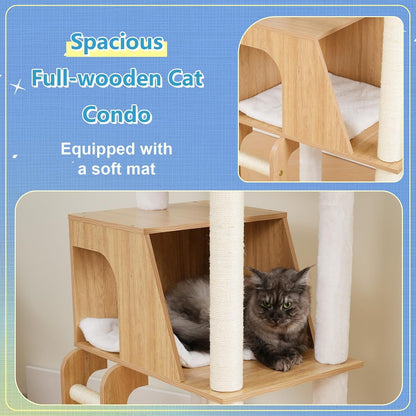 Hey-Brother Wooden Cat Tree, Furniture Tower with Large Platforms, MPJ121BT | 69.7 Inch, Modern Full Sisal Scratching Posts, Hammocks, Spacious Condo, Ladder, Brush, Water Proof Surface, White Oak7