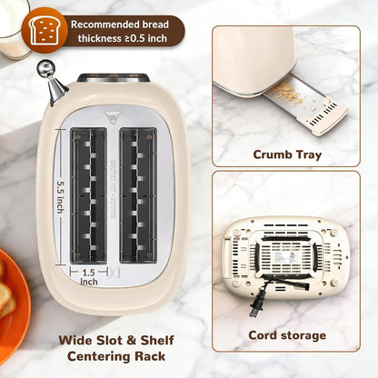 Toaster 2 Slice, Touch Screen Wide Slot Retro Toaster for Breads Bagel Muffin Waffle, House Warming Gift New Home, 120V 825W, Cream Color6