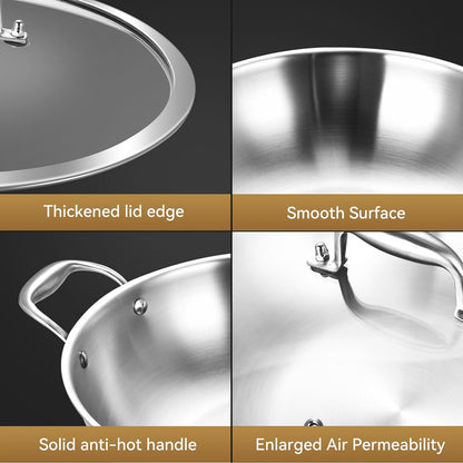 13-Inch Stainless Steel Wok with Lid | 5.5-Quart | Dual Handles | Uncoated Tri-Ply Stir Fry Pan | Everyday Cooking Wok for Induction | Flat Bottom | PFOA-FREE | 4-5 Servings ﻿7