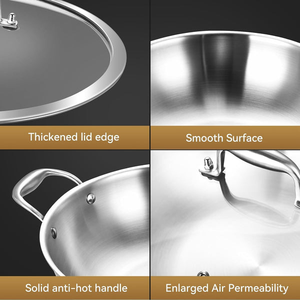 13-Inch Stainless Steel Wok with Lid | 5.5-Quart | Dual Handles | Uncoated Tri-Ply Stir Fry Pan | Everyday Cooking Wok for Induction | Flat Bottom | PFOA-FREE | 4-5 Servings ﻿7