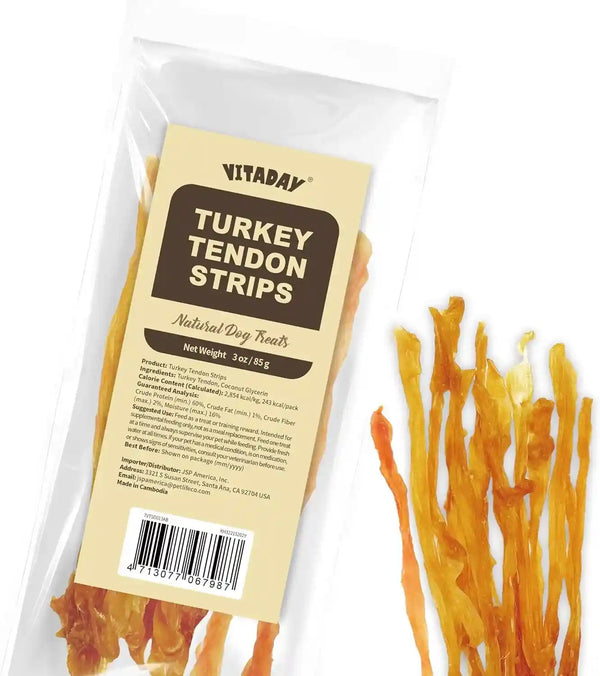 VITADAY Turkey Tendons for Dogs, All Natural, Healthy Dog Treats, Long Lasting, Hypoallergenic Dog Chews, Rawhide Free, Usa-Sourced, for Small Dogs, Strips, 3 Oz Pack | Long-Lasting Dog Training Treats, Rawhide-Free Made of Usa-Sourced Turkey1