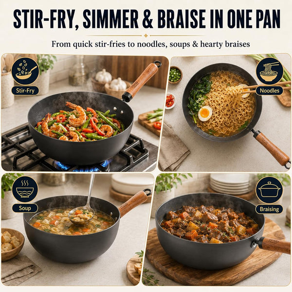 4 Qt Nitrided Carbon Steel Deep Wok with Lid, Flat Bottom | Deep 4 Qt Nitrided Steel for Braising, Soups, Noodles and One-Pot Meals; Wooden Handle; Gas, Electric and Induction Ready.5