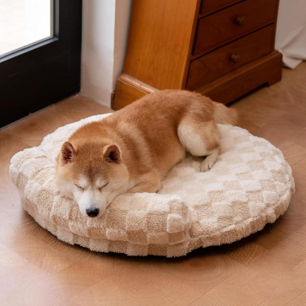 Orthopedic Dog Bed for Small Dogs and Cats Beige Oval 30X25X7 | Calming Pillow Pet Couch Sofa, Removable Washable Cover, Oval 3D Checkered Plush, Indoor1