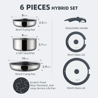 6-Piece Hybrid Stainless Steel Pots and Pans Set Non Stick, Tri-Ply Stainless Steel Cookware Set with Lids and Detachable Handle, PFOA Free Kitchen Skillet for All Cooktops, Dishwasher Safe2