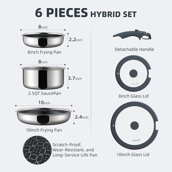 6-Piece Hybrid Stainless Steel Pots and Pans Set Non Stick, Tri-Ply Stainless Steel Cookware Set with Lids and Detachable Handle, PFOA Free Kitchen Skillet for All Cooktops, Dishwasher Safe2