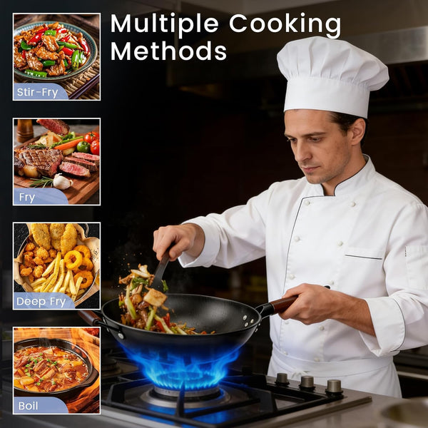 Carbon Steel Wok - 13" Woks & Stir-Fry Pans Nonstick, Wok with Lid, Fast Heat Conduction, Uniform Heat Conduction Flat Bottom Woks, Professional Chef Cookware7