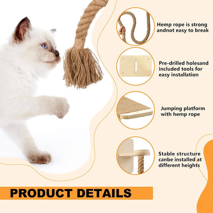 Cat Wall Shelves with 2 X 60 Inch Climbing Rope, Wall Mounted Cat Tree | with Scratching Post Kitten Rope Ladder with Jumping Platform Wall Steps for Playing and Rest3