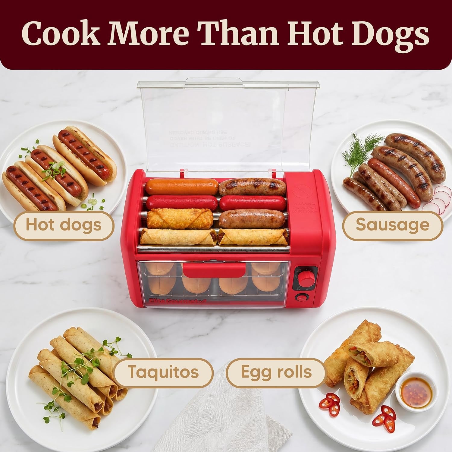 8-hot-dog-roller-toaster-oven-5-rollers-auto-shut-off-red-30-min-timer-stainless-steel-rollers-2-warming-racks-bun-warmer-drip-pan-cooks-brats-sausages-taquitos