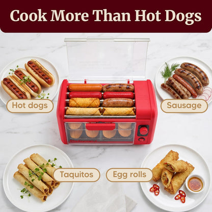 8-Hot Dog Roller/Toaster Oven, 5 Rollers, Auto Shut-Off, Red | 30-Min Timer, Stainless Steel Rollers, 2 Warming Racks, Bun Warmer & Drip Pan - Cooks Brats, Sausages & Taquitos5