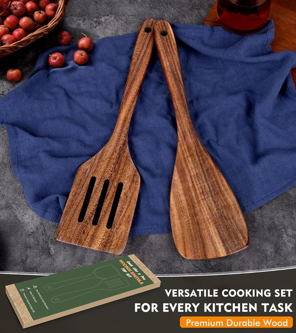 2Pcs Wooden Spatula, Acacia Wooden Spatula for Kitchen Use, Nonstick Cookware Safe Utensils Set Including Turner and Slotted Turner, Ideal Cooking Utensils Gift Set for Cooking, Frying, Baking7