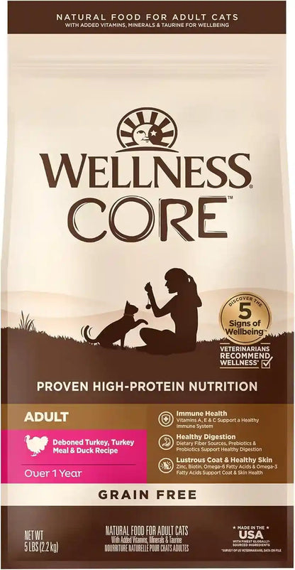 Wellness CORE+ Adult Dry Cat Food for Indoor Cats, Natural, Grain Free Kibble, Chicken, Turkey and Chicken Meal Recipe, 5 Lb Bag10