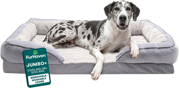 Furhaven Cooling Gel Dog Bed for Large Dogs, Perfect Comfort Sofa Bed with Cool Gel-Top Foam with a Solid Orthopedic Foam Base for Joint Support, Washable Cover, Jumbo XL, Plush & Velvet, Granite Gray20