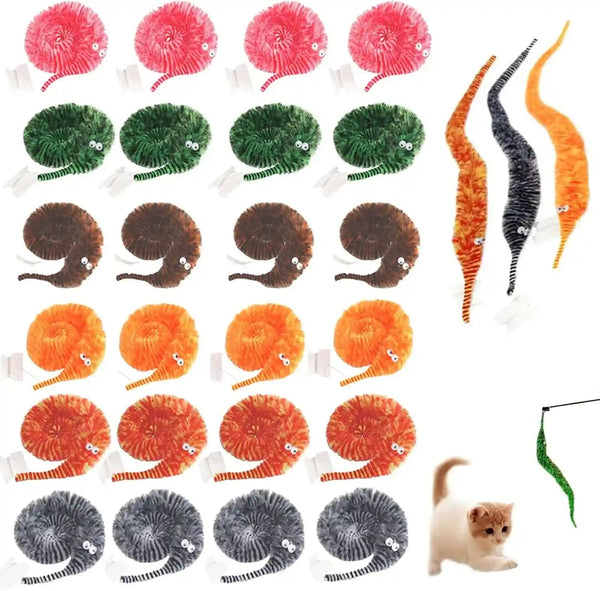 Kuuguu 24 PCS Cat Worm Toy Replacement Teaser with Bell Refills Indoor Cat'S Interactive Wand and Catch Wand Soft Squiggly Worm Teaser Refills Attachment Interactive Catch Toy Accessories （6 Color）8
