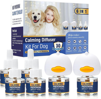 Dog Calming Pheromones Diffuser 6 in 1 Kit Appeasing Pheromone Diffuser to Calm (2 Plug In+4 X48Ml Refill) for Anxiety Relief Reduce Aggression Fighting Barking Stress 120 Day Supply(Tasteless)1