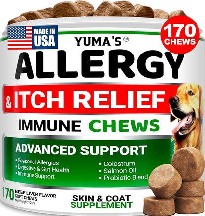 Dog Allergy Relief Chews - Dog Itching Skin Relief Treatment Pills - 170 Treats - Anti-Itch - Itchy and Paw Licking - Hot Spots - Omega 3 Fish Oil - Dry Skin & Coat Supplement - Beef Liver Flavor1