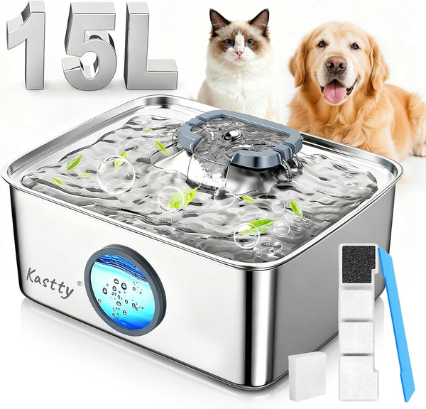 Kastty 4 Gal/15L Stainless Steel Dog Water Fountain for Large Dogs | Dog Water Bowl Dispenser Triple Filtration,Ultra Quiet Automatic Pet Water Fountain with Water Level Window&Led Light(Fs76)11