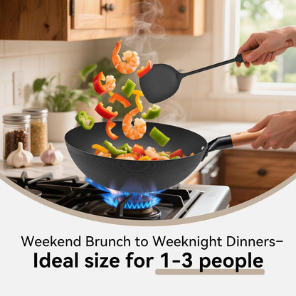 11.8" High Purity Iron Wok Pan,Flat Bottom Stir Fry Pan for Electric,Induction & Gas Stoves,No Chemical Coating Carbon Steel Alternative,Traditional Hand-Hammered Skillet for Cooking2