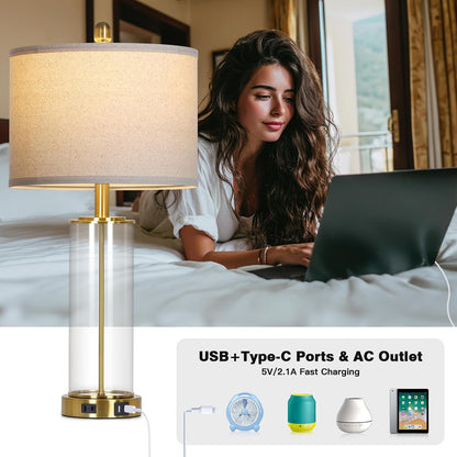 26 Inch Gold Glass Table Lamp Single, 3-Way Dimmable Touch Lamp for Living Room, Modern Bedroom Lamp with USB C+A Ports & Outlet, Classic Bedside Brass Lamp for Nightstand Side End Table Decoration3