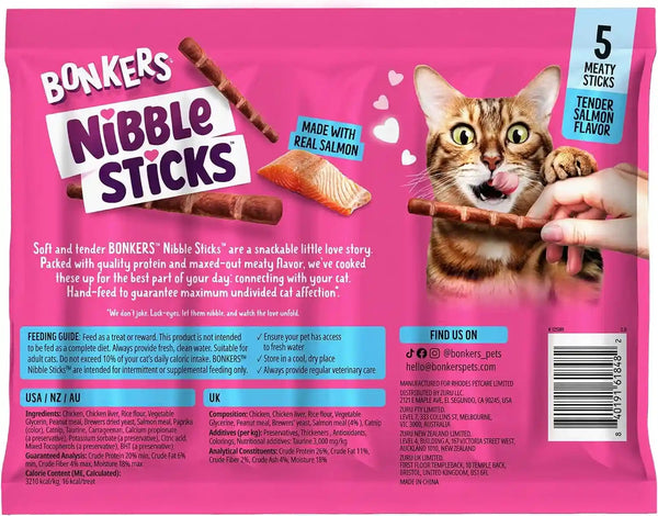 Bonkers Nibble Sticks Soft & Meaty Tender Salmon Flavor Cat Treats, 5 Sticks (Pack of 20)10