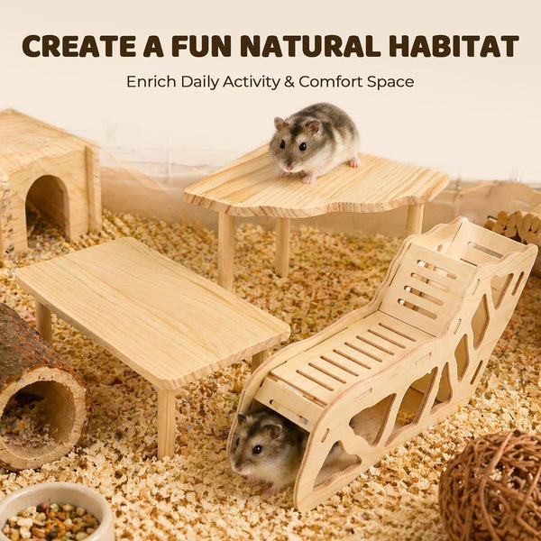 3 Pack Wooden Hamster Play Platform, 3-In-1 Natural Small Pet Playground with Tunnel, Ladder & Hidden Rest Area, Wooden Support Column Cage Accessories for Hamsters, Squirrels & Tiny Pets7