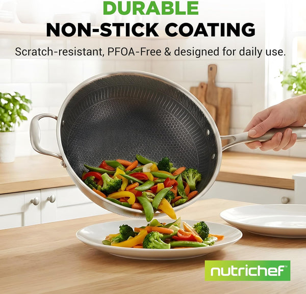 12" Stainless Steel Durable Wok - Triply Kitchenware Wok with Glass Lid, Side Handle - DAKIN Etching Non-Stick Coating, Scratch-Resistant Raised-Up Honeycomb Fire Textured Pattern3