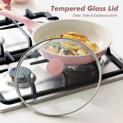 12.5In Nonstick Ceramic Frying Pan with Lid, PFAS/PTFE Free, Pink | Ceramic Omelette Pan Skillet, Healthy Non-Toxic Chef'S Pan, Induction Compatible Pan, Heat Resistant Handle3