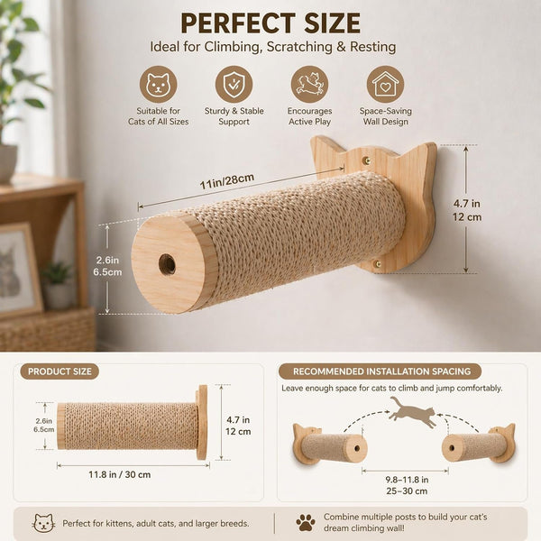 Sisal Rope Wall Mounted Cat Scratching Post - 11 In, for Indoor Cats Climbing & Scratching, 2-Post Integrated Set6