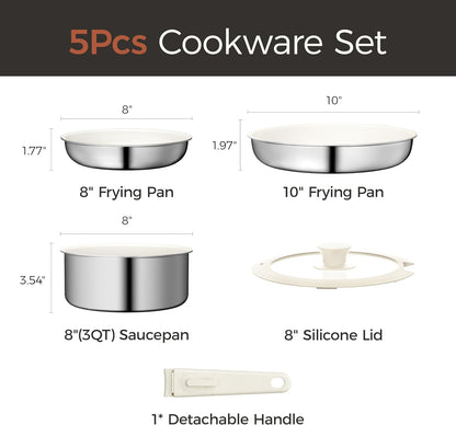 5PCS Pots and Pans Set Non Stick, Diamond-Titanium Ceramic Cookware Set & 3 Layer Stainless Steel with Detachable Handle, Induction Cookware, Non Toxic Oven/Dishwasher Safe, White7