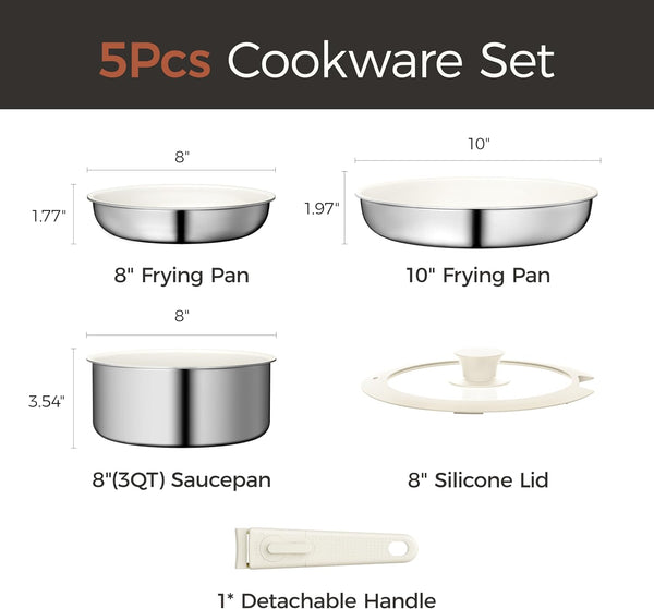 5PCS Pots and Pans Set Non Stick, Diamond-Titanium Ceramic Cookware Set & 3 Layer Stainless Steel with Detachable Handle, Induction Cookware, Non Toxic Oven/Dishwasher Safe, White7