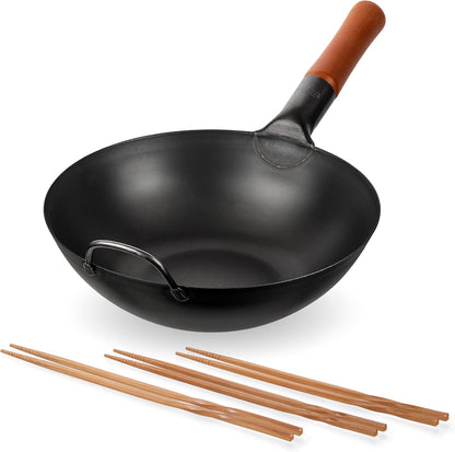 Carbon Steel Wok Pan – 11,8 “ Woks and Stir Fry Pans - Chinese Wok with Flat Bottom Pow Wok + Reusable Natural Wooden Long Cooking Chopsticks Set of 3 Pairs: 11.8 Inch, 13-Inch, 14.2 Inch1