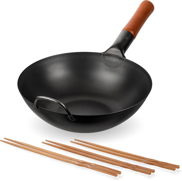 Carbon Steel Wok Pan – 11,8 “ Woks and Stir Fry Pans - Chinese Wok with Flat Bottom Pow Wok + Reusable Natural Wooden Long Cooking Chopsticks Set of 3 Pairs: 11.8 Inch, 13-Inch, 14.2 Inch1