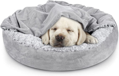 JOEJOY Small Dog Bed Cat Bed with Hooded Blanket, Cozy Cuddler Luxury Puppy Pet Bed, Donut round Calming Anti-Anxiety Dog Burrow Cave Bed - Anti-Slip Bottom and Machine Washable 23 Inch1