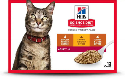 Hill'S Science Diet Adult 1-6 Wet Cat Food Variety Pack | #1 Veterinarian Recommended, Savory Entrée Turkey & Liver, Chicken, and Turkey, 5.5 Oz. Cans, 12-Pack1