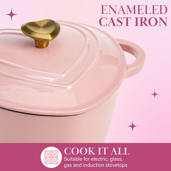 Enameled Cast Iron Dutch Oven Pot with Lid, Heart-Shaped Dutch Oven, Durable Cast Iron Pot with Dual Handles, Oven Safe to 500°F, Works on All Stovetops, 4-Quart, Pink3