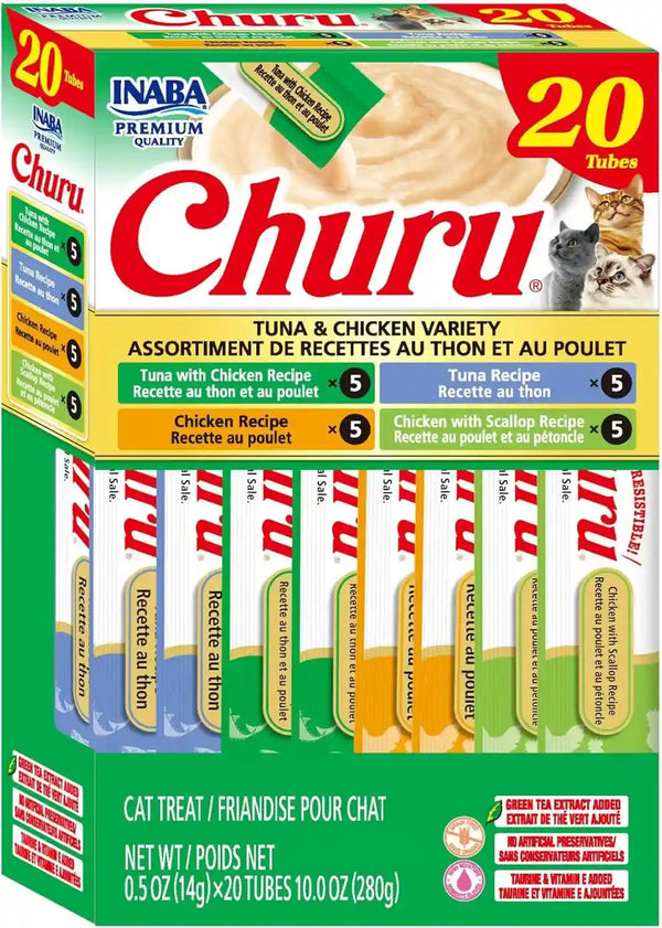 INABA Churu Cat Treats, Lickable, Squeezable Creamy Purée Cat Treat with Green Tea Extract & Taurine, 0.5 Ounces Each Tube, 40 Tubes, Tuna Variety Box30
