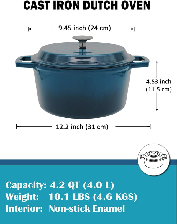 4.2 Quart Cast Iron Dutch Oven with Lid - Enameled Non-Stick Interior, Oven Safe to 500°F, Multi-Stovetop Compatible - Navy Blue2
