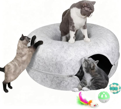 Cat Donut Tunnel Bed for Indoor Cats - Peekaboo Cat Cave, Detachable Felt, Washable, Interactive Play & Cozy Rest Space for Multiple Cats (Dark Gray)9