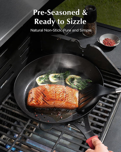Carbon Steel Pan, 10 Inch Nonstick Frying Pan Skillet | Pre-Seasoned Carbon Steel Cookware with Removable Silicone Handle Holder, Indoor/Outdoor, Induction & Oven Safe7