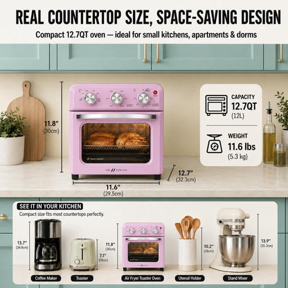 6-In-1 Retro Air Fryer Toaster Oven Combo, Compact 12.7 QT Small Countertop Convection Oven, Fits 9" Pizza & 4 Toast, Hexagon Hybrid Heating, Enamel Baking Pan Included, Pink Color3