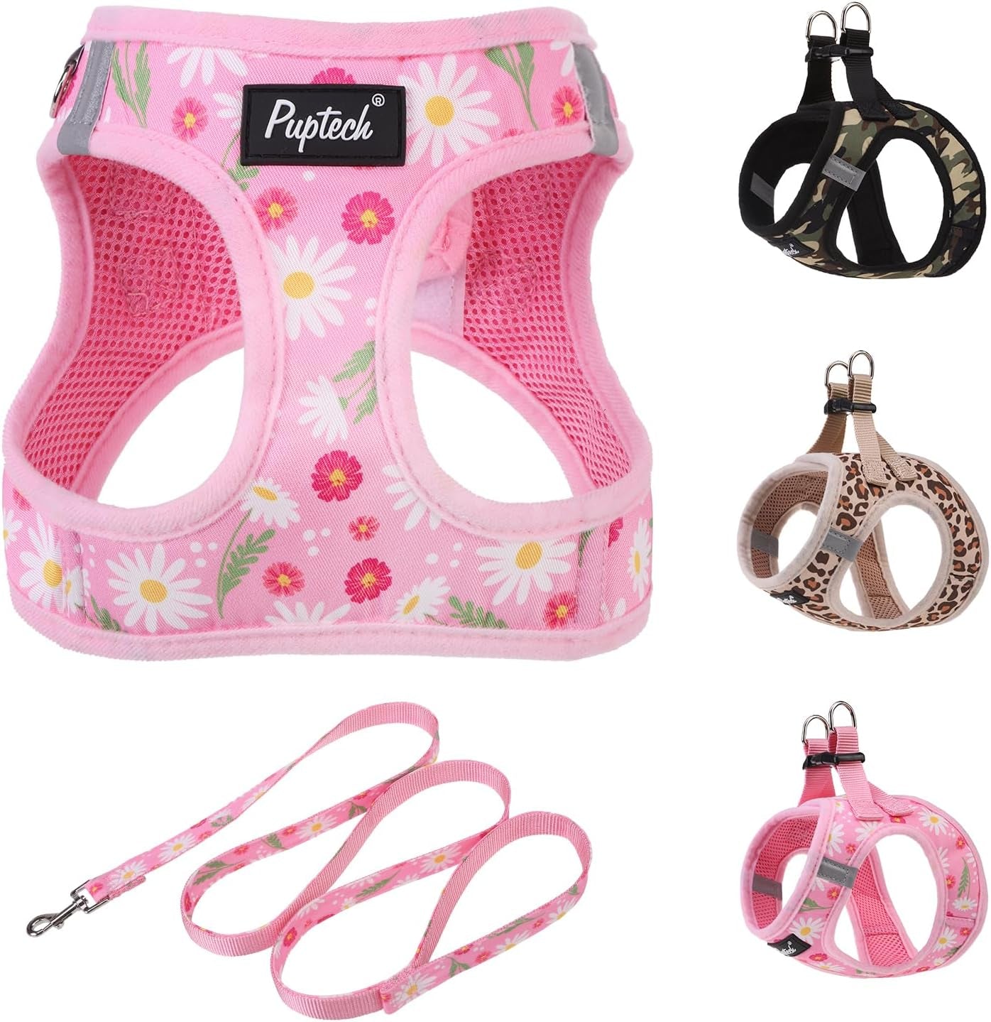 pupteck-dog-harness-and-leash-set-for-small-medium-dogs-no-pull-step-in-soft-mesh-puppy-cat-vest-harnesses-reflective-at-night-green-s