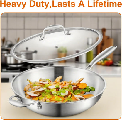 Woks & Stir-Fry Pans, 13 in Stainless Steel Pan with Lid, with Side Ear, Large Cooking Surface, Tri-Ply Stainless Steel Wok Pan, 3 Layer Stainless Steel Saute Pan, Works on Induction, 600℉6