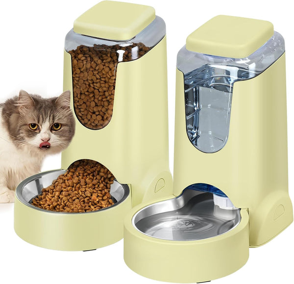 HWONMTE Portable Automatic Cat Feeder and Water Dispenser with Stainless Steel Bowl Dog Gravity Food Feeder and Waterer for Small Medium Pets Puppy Kitten 1 Gallon X 2 (Cream Yellow)1