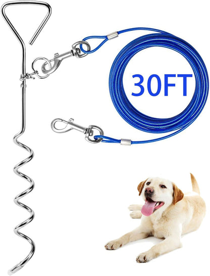 Dog Tie Out Cable and anti Rust Spiral Stake , 30Ft outside Leash&Chain for Camping and Yard, 16'' Heavy Duty for Medium-Large Dogs up to 125 Lbs (30FT, Blue)1
