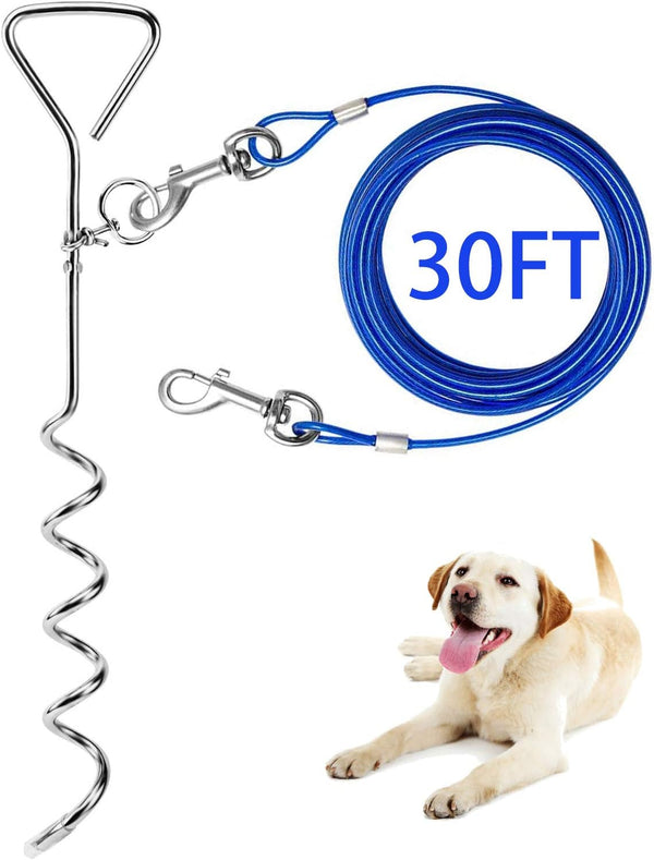 Dog Tie Out Cable and anti Rust Spiral Stake , 30Ft outside Leash&Chain for Camping and Yard, 16'' Heavy Duty for Medium-Large Dogs up to 125 Lbs (30FT, Blue)1