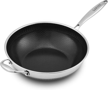 13 Inch Wok Pan,Pfoa Free Cookware,Non Stick Stainless Steel Woks & Stir-Fry Pans Nonstick, Dishwasher and Oven Safe, Works on Induction | Multi Layer Composite Steel Structure, Durable and Uniformly Heated, Dishwasher Safe1