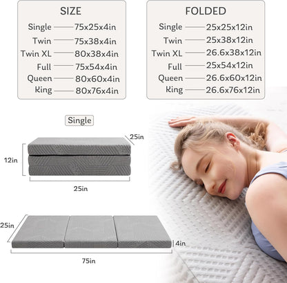 Twin Trifold Mattress, 4 Inch Foldable Gel Memory Foam Mattress | Portable 75"×38" Folding Mat with Collapsible and Washable Removable Cover, Floor Pads for Guest Bed, Travel, Camping, Grey4