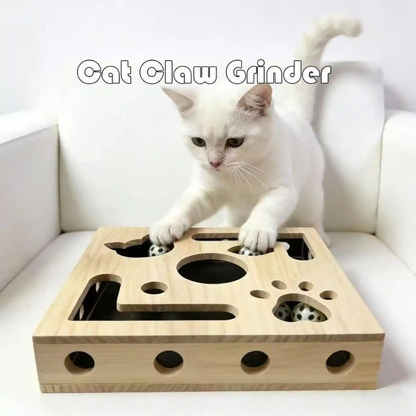 Cat Nail File Scratcher,Large Solid Wood Cat Toy Box with Sandpaper Inside, Interactive Indoor Cat Toy, Cat Claw Saver Box, 3 Bells & 2 Cat Wand& 1Cat Nail Clippers5