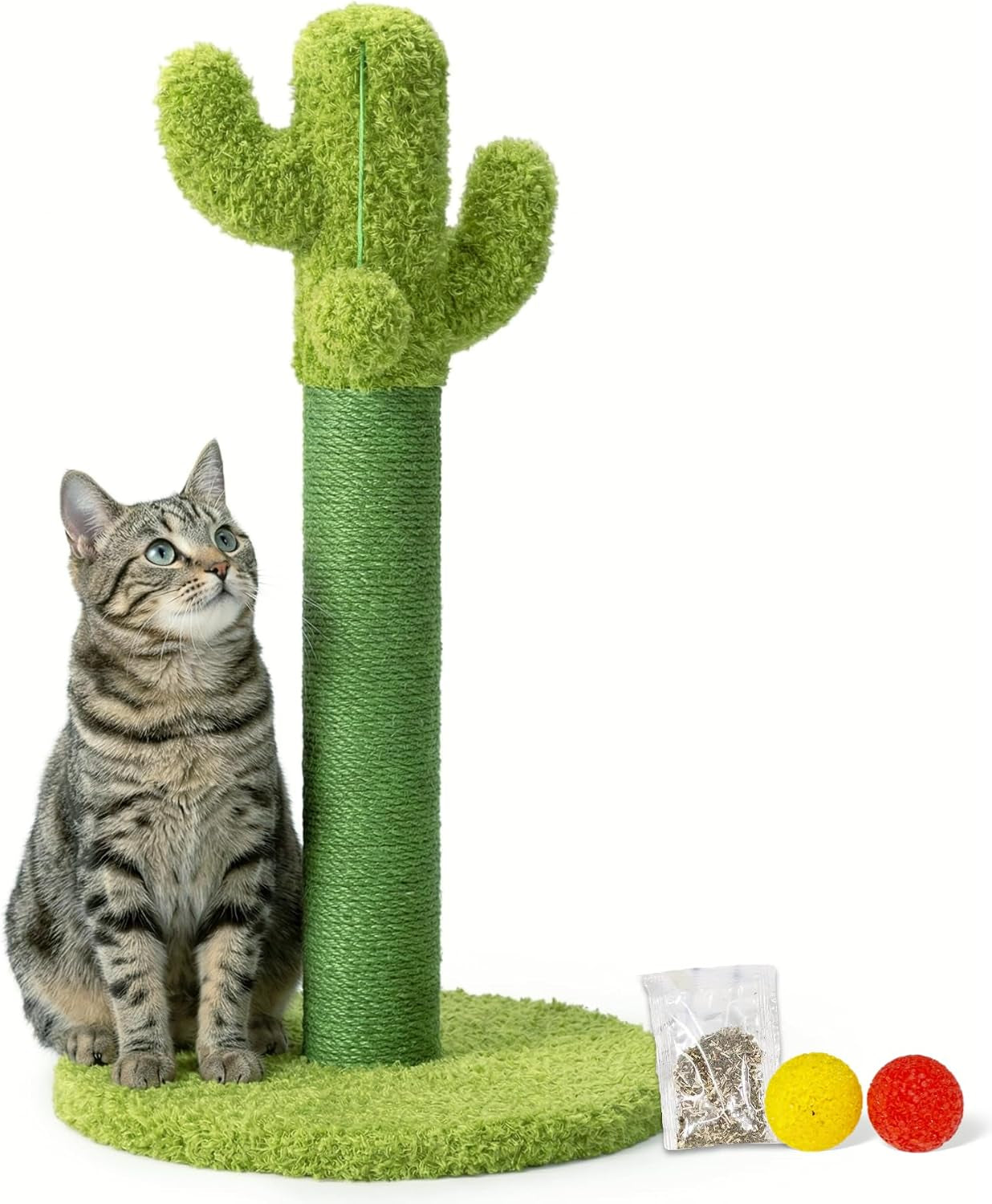 happi-n-pets-33-tall-cactus-cat-scratching-post-for-large-cats-heavy-duty-double-scratch-posts-with-flower-crinkle-leaves-cactus-cat-tree-with-2-bonus-toy-catnip-green-stable-scratching-post